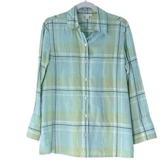 Charter Club Casual Plaid 100% Linen Button Down Tunic Top Size 8 Collared - Picture 1 of 9